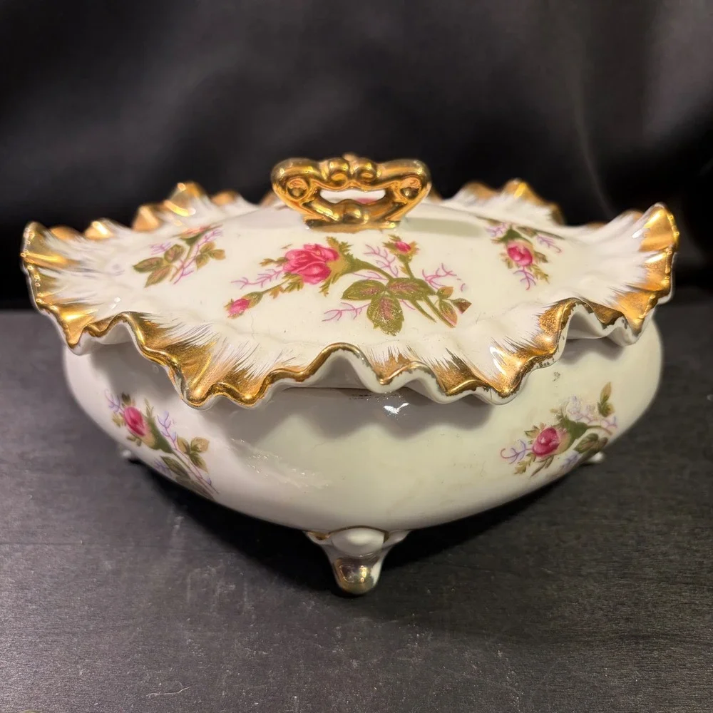 Vintage Japan Porcelain Rose Trinket Box and 3 Leaf Dishes Gold Gilt Set